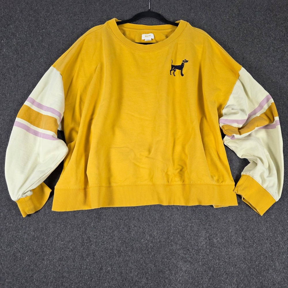 Anthropologie‎ Maeve 3X Sweatshirt Mustard Yellow Stripe Sleeve Embroidered Dog